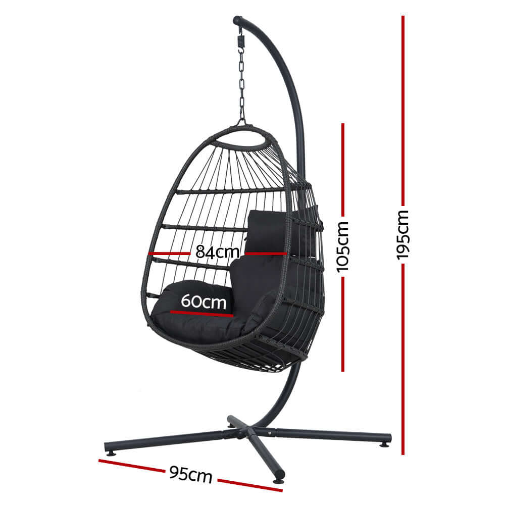 Gardeon outdoor egg swing chair dimensions with black cushion, 95cm width, 195cm height, stylish wicker design.