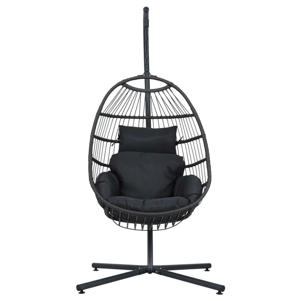 Affordable Gardeon outdoor egg swing chair in grey wicker, designed for comfort with plush cushions, ideal for any DIY space.