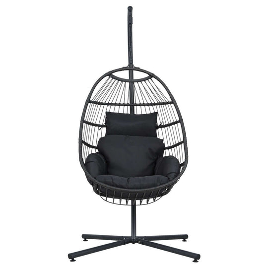 Affordable Gardeon outdoor egg swing chair in grey wicker, designed for comfort with plush cushions, ideal for any DIY space.