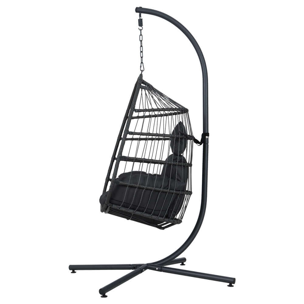 Gardeon outdoor egg swing chair with sturdy stand, stylish grey design, perfect for boho decor and relaxation.