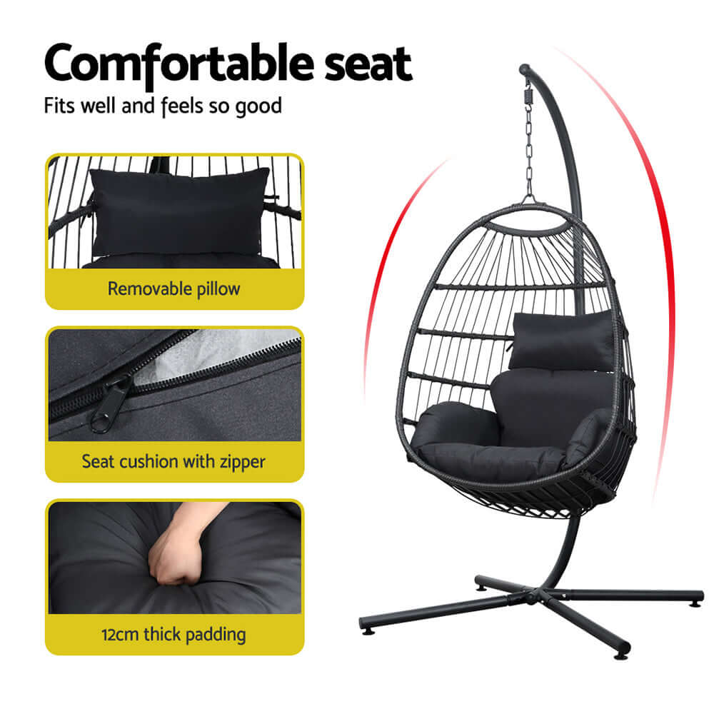 Gardeon egg swing chair with removable pillow, zipper cushion, and thick padding for comfort indoors and outdoors.