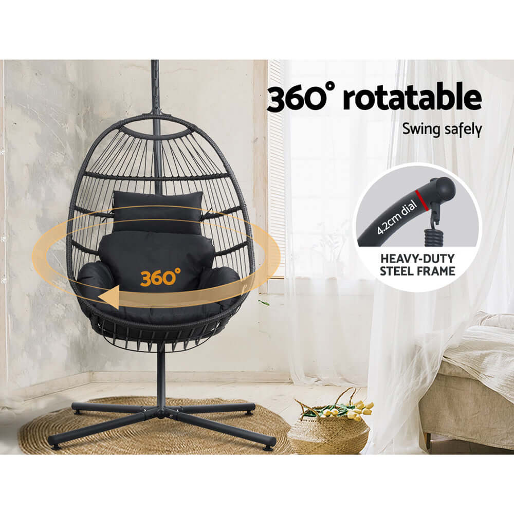 Gardeon egg swing chair with 360° rotation, featuring a heavy-duty steel frame for safe lounging.