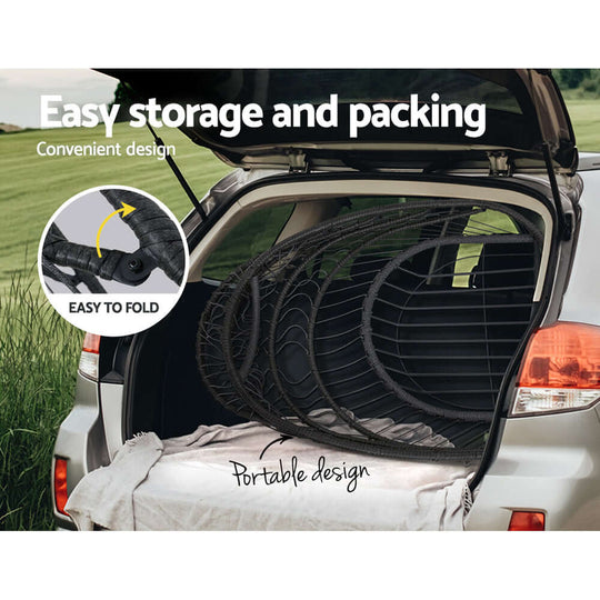 Gardeon outdoor egg swing chair showing easy storage and packing in a car trunk for convenient, portable design.