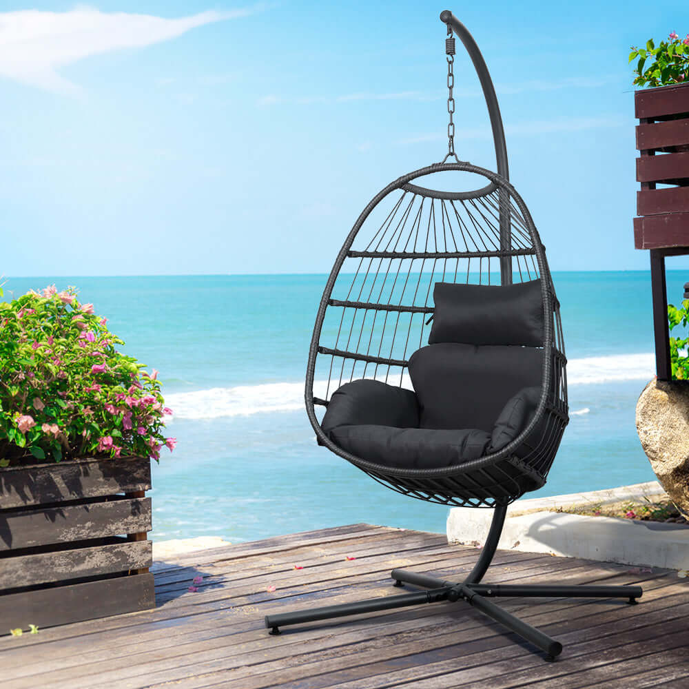 Gardeon affordable outdoor egg swing chair with plush cushions, ideal for relaxation in indoor and outdoor spaces.