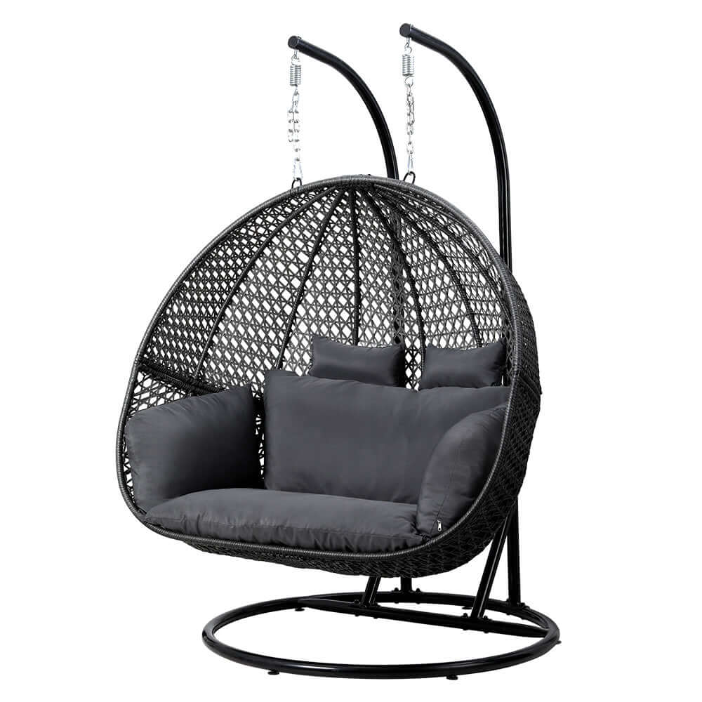 Stylish Gardeon outdoor egg swing chair in black, with comfortable cushions, perfect for relaxation.