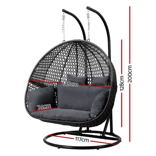 Gardeon outdoor egg swing chair dimensions with grey cushion, affordable luxury for two, perfect for relaxation.