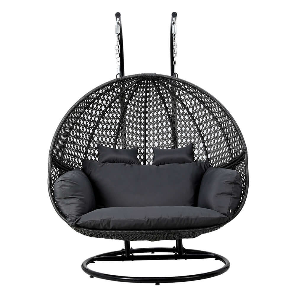 Affordable Gardeon outdoor egg swing chair with grey cushion, perfect for two, stylish wicker design for relaxation.