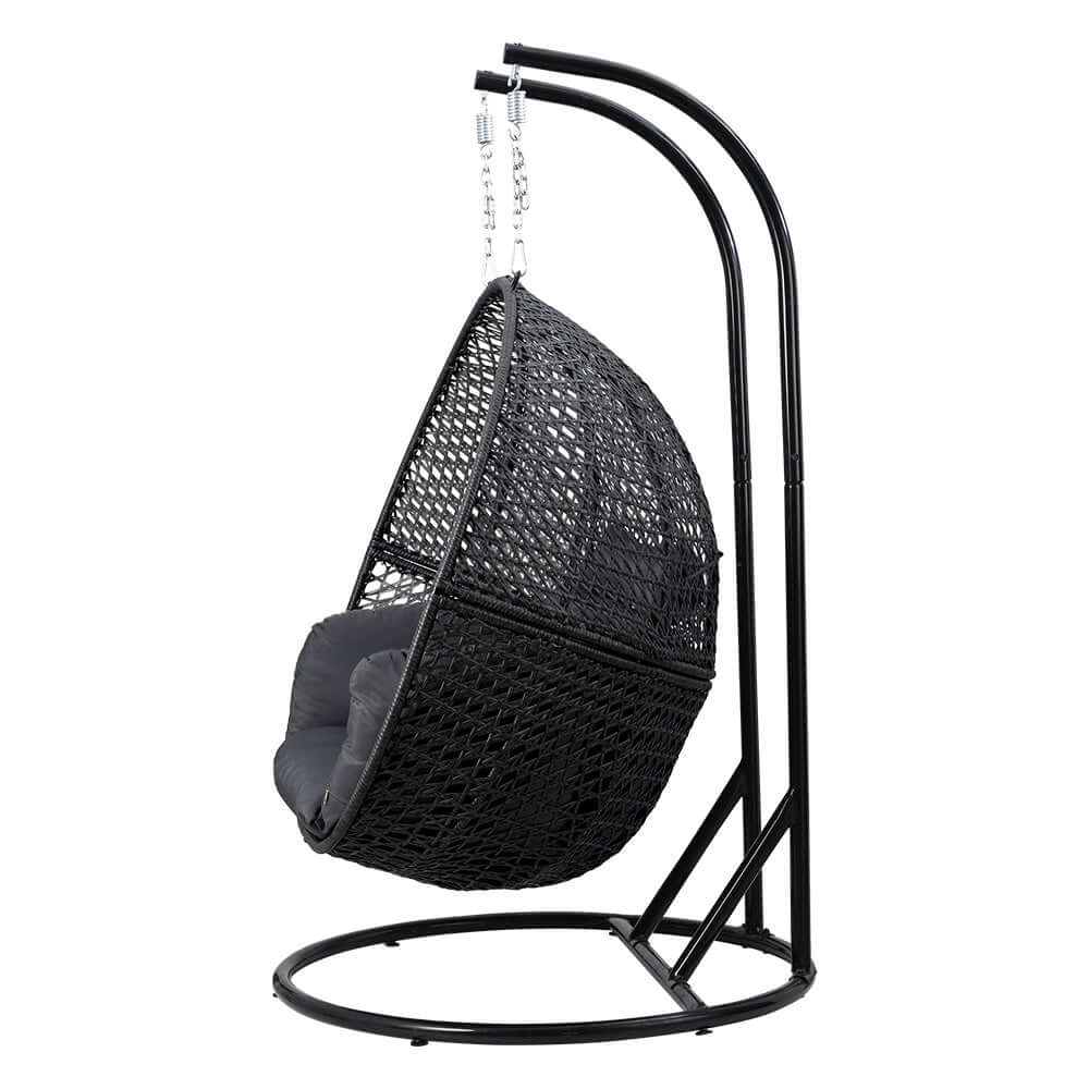 Gardeon grey outdoor egg swing chair with sturdy stand, perfect for two, offering quality relaxation and stylish design.