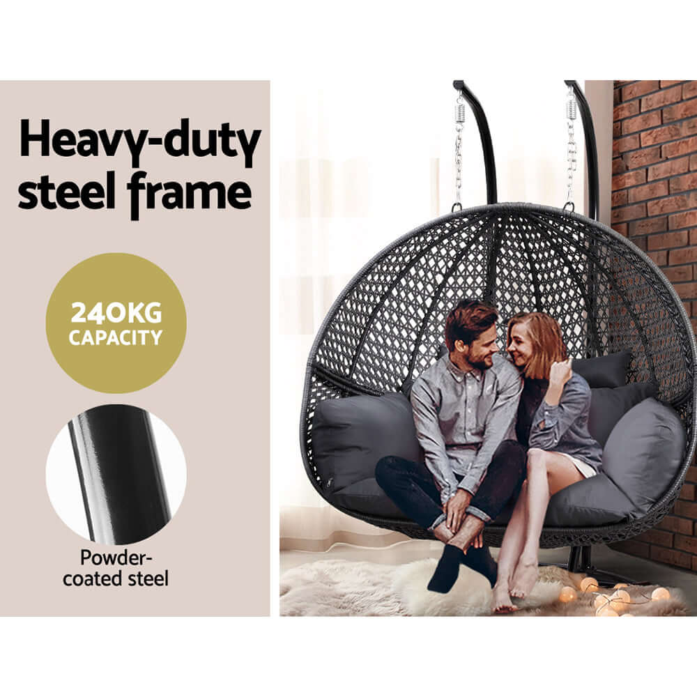 Gardeon outdoor egg swing chair with heavy-duty steel frame, 240kg capacity, showcasing relaxation and quality design.