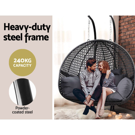 Gardeon outdoor egg swing chair with heavy-duty steel frame, 240kg capacity, showcasing relaxation and quality design.