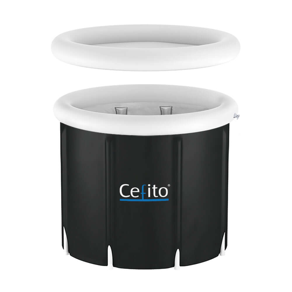 Cefito portable ice bath tub with a sleek black design and removable white lid, ideal for post-workout recovery.