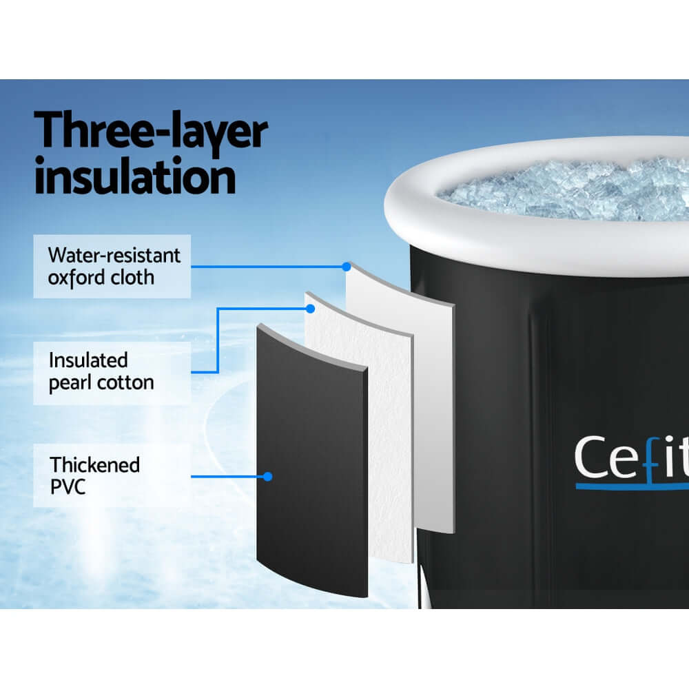 Illustration of the three-layer insulation for the Weisshorn Portable Ice Bath Tub, showcasing materials used for optimal performance.