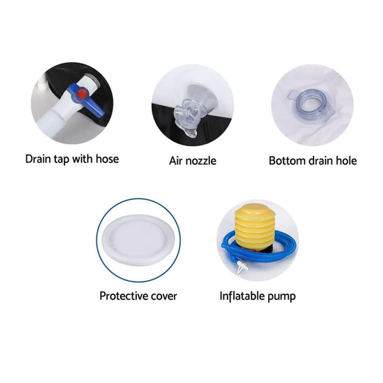 Features of Weisshorn Portable Ice Bath Tub include a drain tap, air nozzle, bottom drain, protective cover, and inflatable pump.