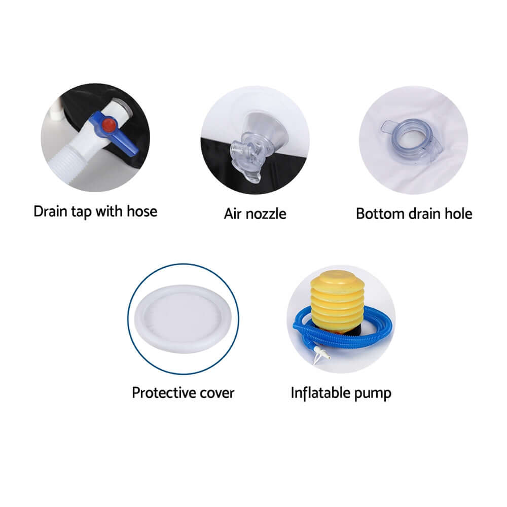 Features of Weisshorn Portable Ice Bath Tub, including drain tap, air nozzle, bottom drain hole, protective cover, and inflatable pump.