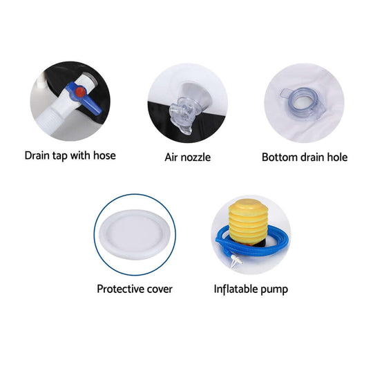 Features of Weisshorn Portable Ice Bath Tub, including drain tap, air nozzle, bottom drain hole, protective cover, and inflatable pump.