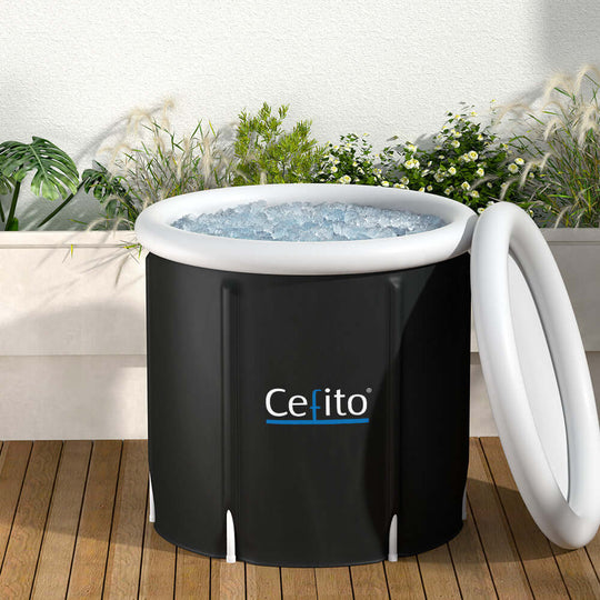 Cefito portable ice bath tub filled with ice, perfect for post-workout recovery in a stylish outdoor setting.