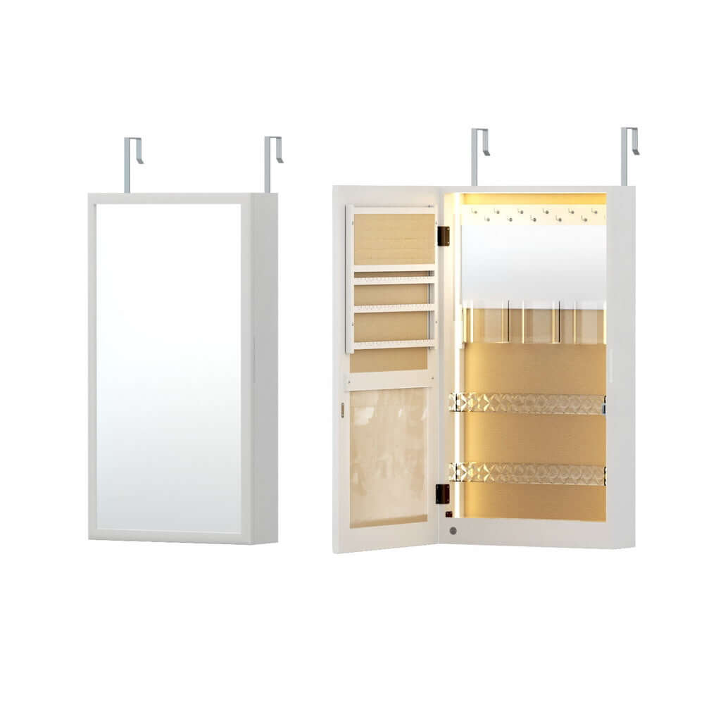 Artiss Jewellery Cabinet with LED light and mirror door, wall-mountable, ample storage for jewelry, and elegant design.