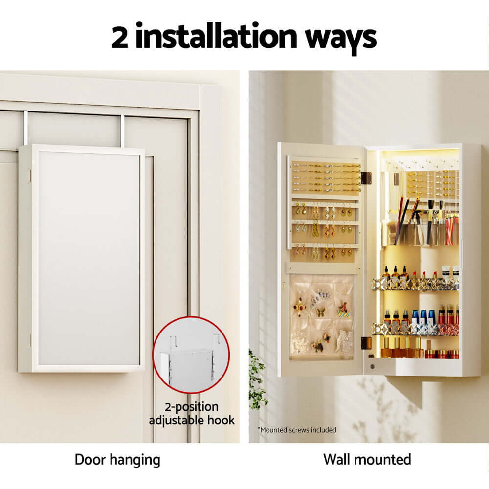 Artiss Jewellery Cabinet showing 2 installation options: door hanging and wall mounted for versatile and elegant storage.