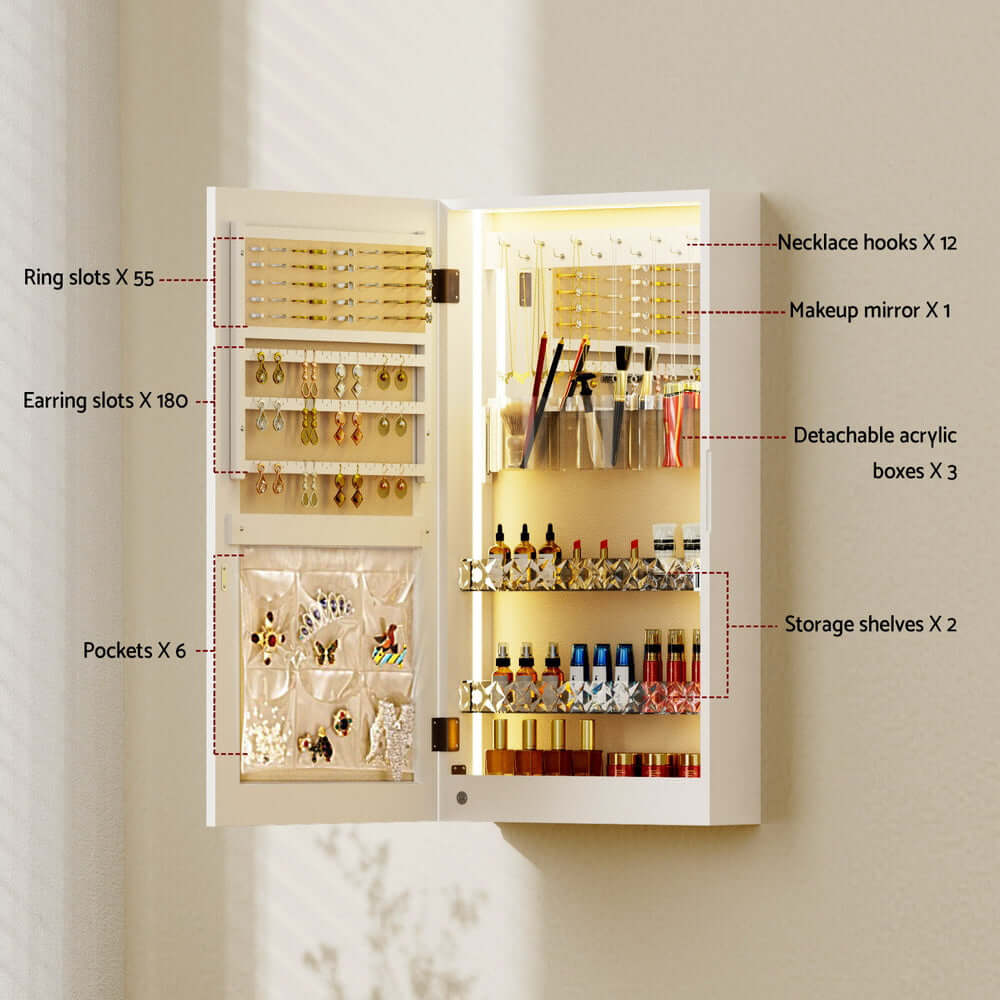 Artiss jewellery cabinet interior showing necklace hooks, ring slots, earring slots, and makeup mirror for affordable luxury storage.