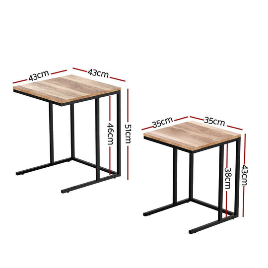 Artiss Nesting Coffee Table Set of 2, walnut color, with dimensions, showcasing industrial design and space-saving feature.