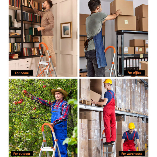 Giantz 3 Step Ladder in home, office, outdoor, and warehouse settings showcasing versatility and stability.