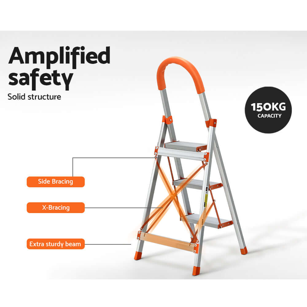 Giantz 3 Step Ladder showcasing amplified safety features like side bracing and X-bracing for 150kg capacity.