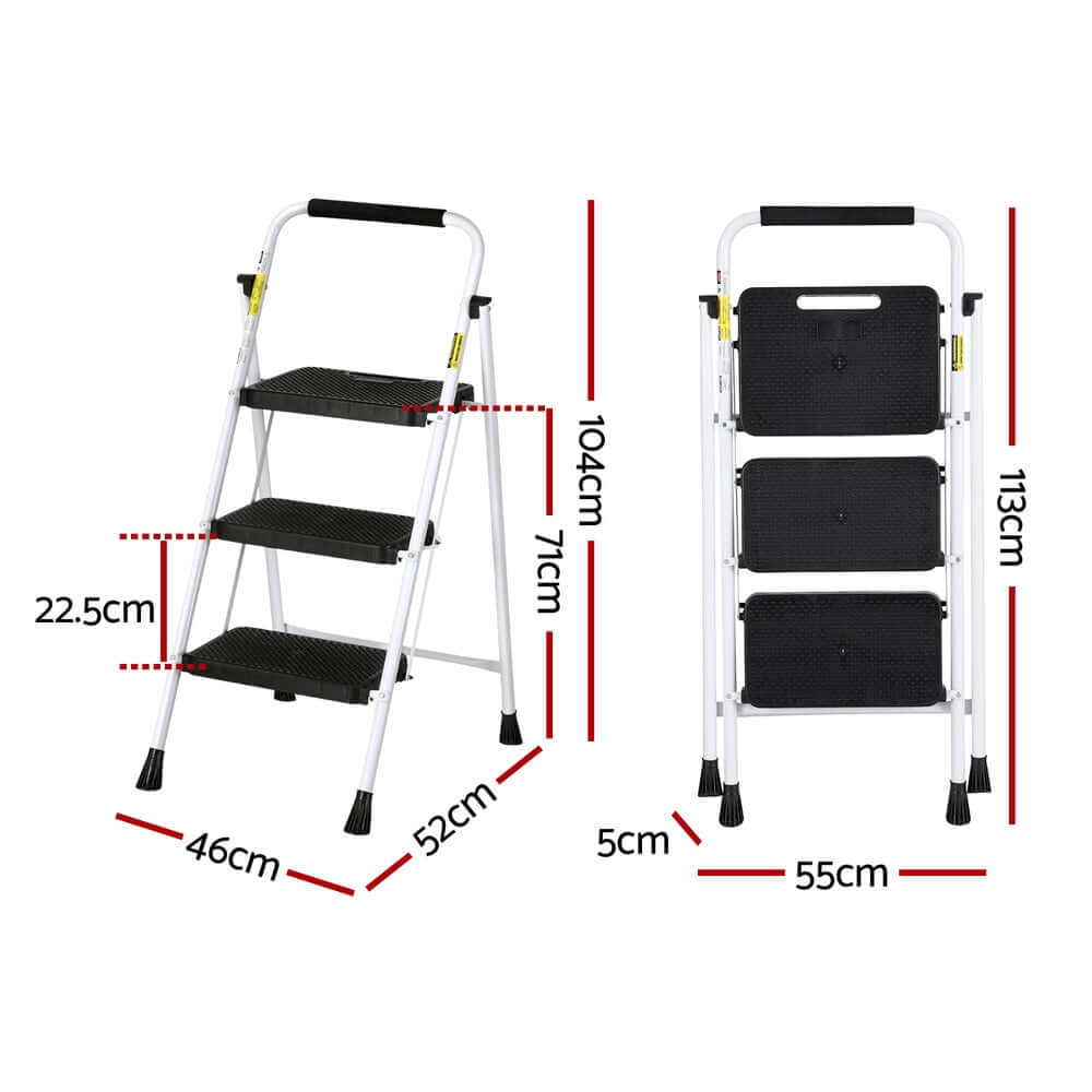 Giantz 3 Step Ladder, multi-purpose folding design, lightweight steel, safe non-slip treads, dimensions shown in cm.