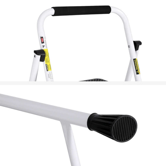 Close-up of Giantz 3 Step Ladder's foam grip handle and rubber foot, showcasing safety and stability features.