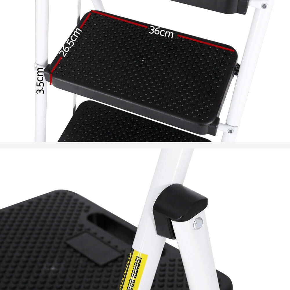 Close-up of Giantz 3 Step Ladder showing non-slip treads and measurements for safety and stability.