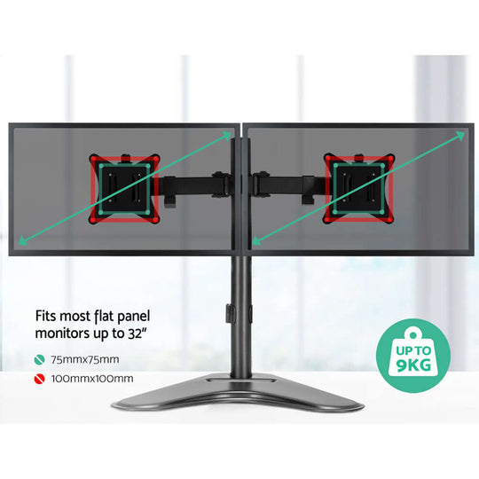 Artiss Dual Monitor Arm Stand with adjustable dimensions, supporting monitors up to 32" and 9kg, featuring 75mm and 100mm VESA mounts.