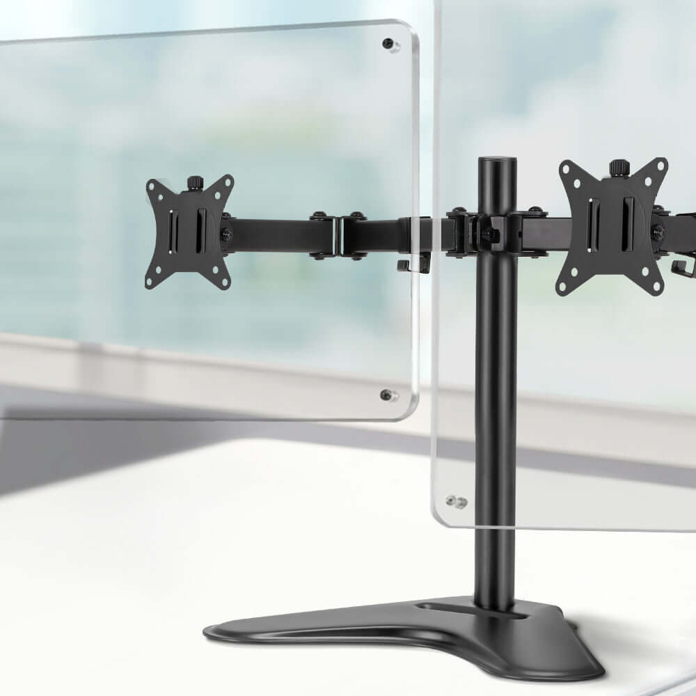 Artiss dual monitor arm stand in black, providing affordable quality and adjustable positioning for DIY setups.