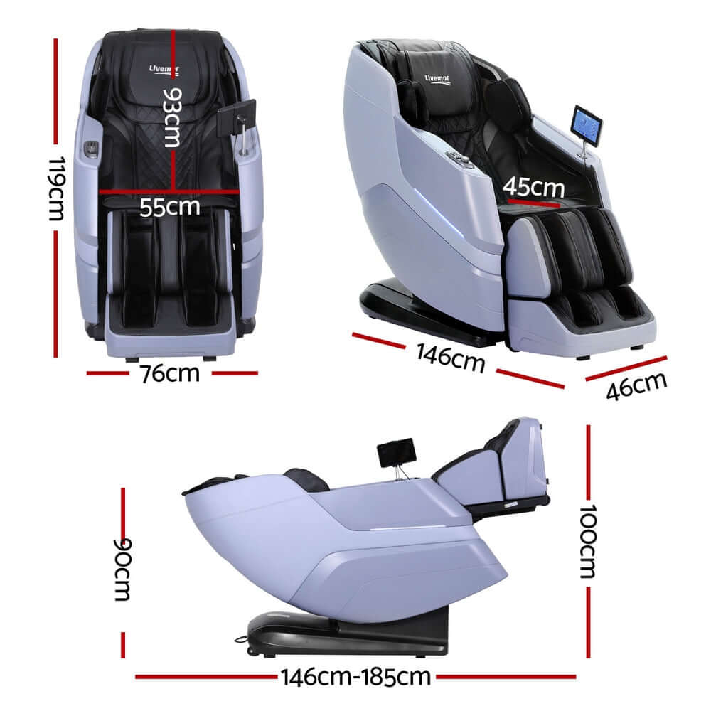 Livemor 4D Massage Chair dimensions and angles showcasing electric recliner features for ultimate comfort and relaxation.