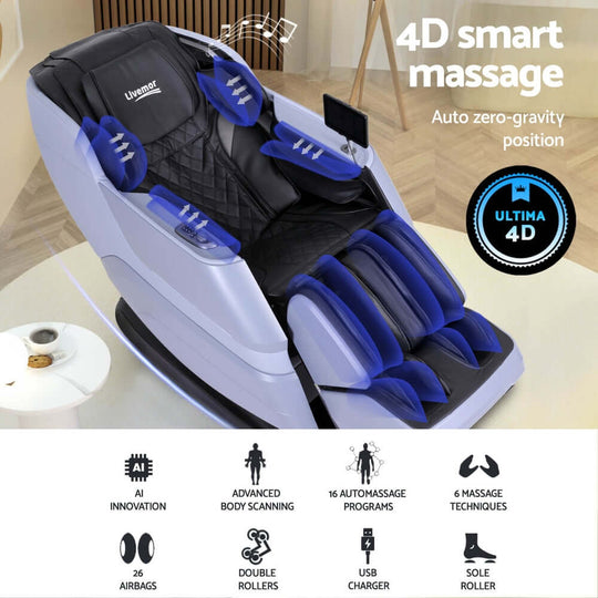 Livemor 4D Massage Chair with auto zero-gravity, 16 programs, and advanced body scanning for quality relaxation.