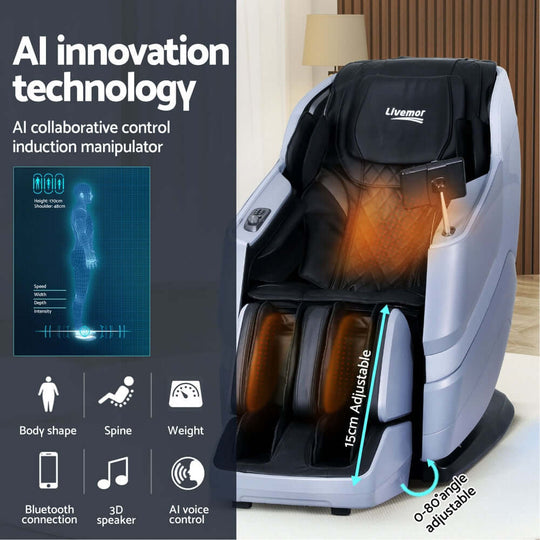 Livemor AI innovation electric massage chair with adjustable features and Bluetooth connectivity for quality relaxation.