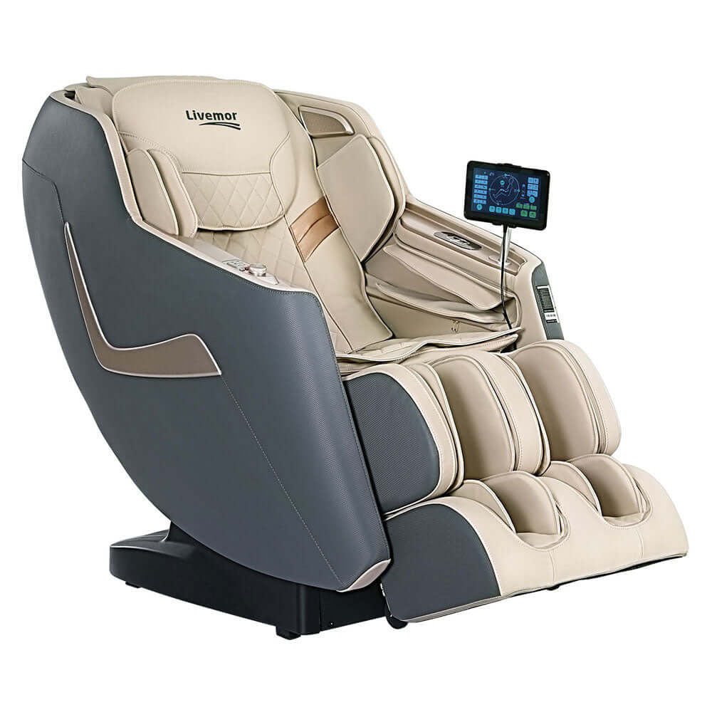 Livemor 3D Electric Massage Chair Recliner in beige and grey, featuring advanced massaging technology and digital control panel.