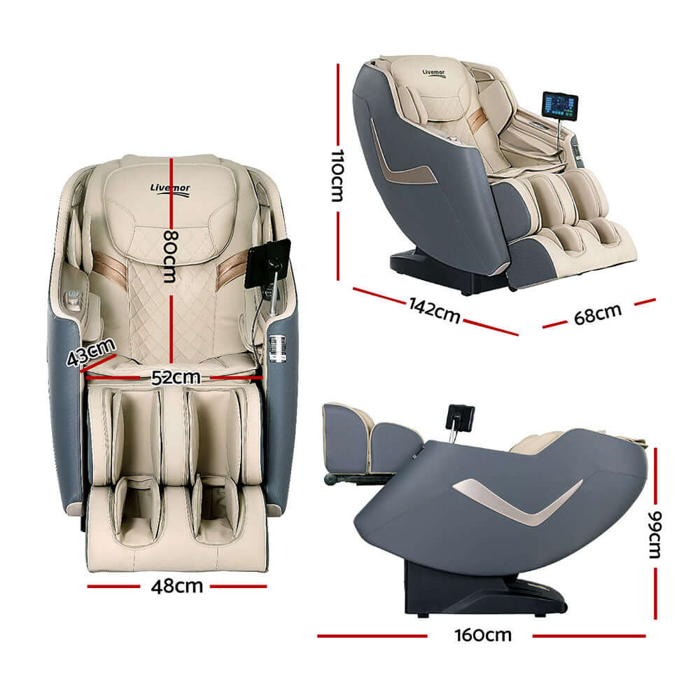 Livemor Electric Massage Chair dimensions showcasing its luxurious design and 3D massage capabilities for a quality home experience.