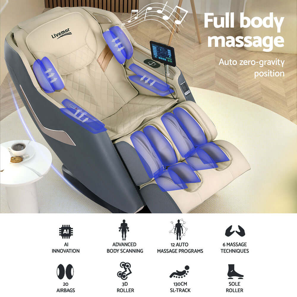 Livemor Electric Recliner Massage Chair featuring full body massage, zero-gravity position, and 12 auto programs for a luxurious experience.