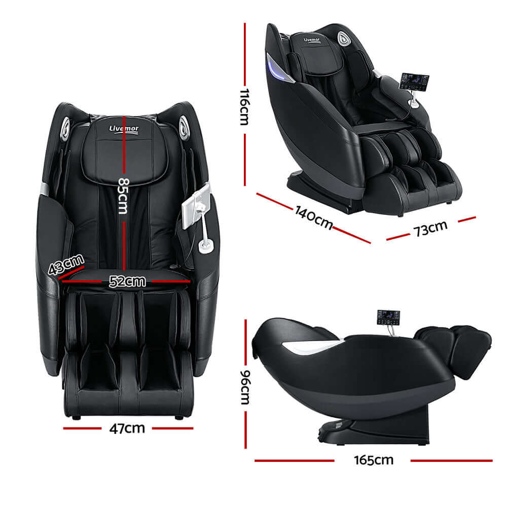 Livemor 3D Flynn Electric Massage Chair dimensions with features labeled, showcasing its ergonomic design and stylish black finish.