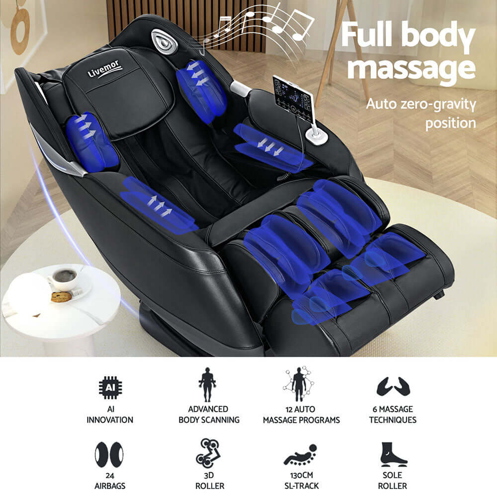 Livemor 3D Flynn Massage Chair with zero gravity feature and 12 auto massage programs for a quality home relaxation experience.