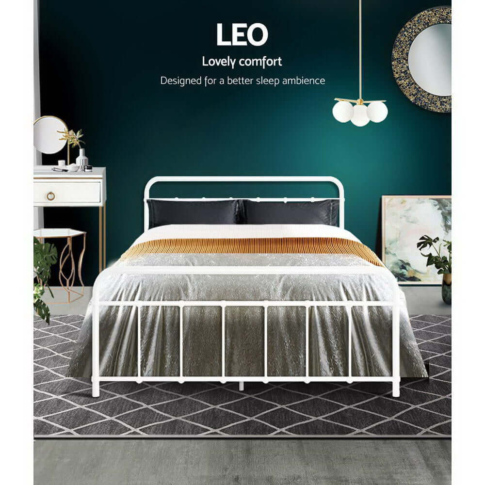 Artiss LEO Double Metal Bed Frame in white, stylish design for affordable luxury and quality comfort.