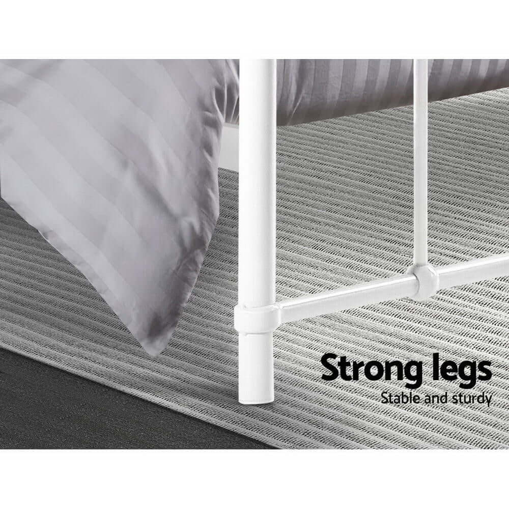 Close-up of Artiss bed frame leg showing sturdy steel construction, emphasizing stability and strength for quality support.