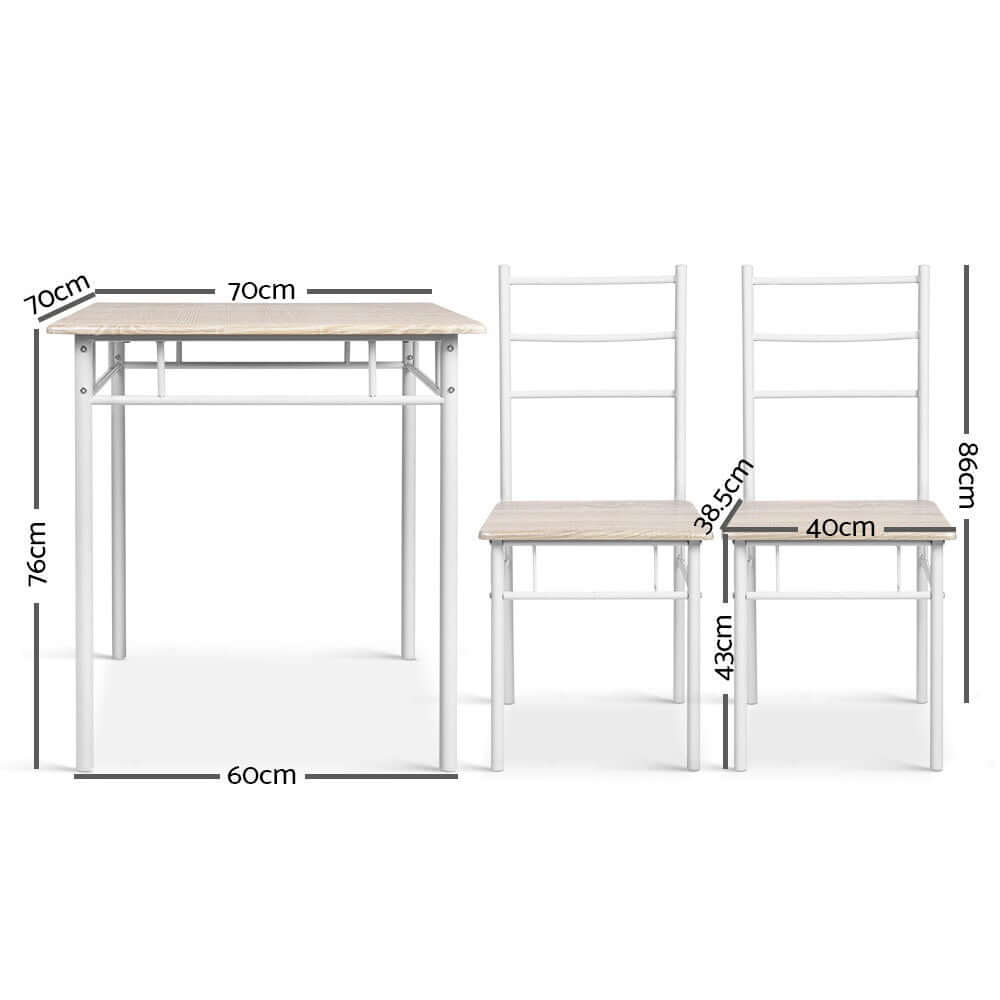 Artiss 3 Piece Dining Table and Chairs Set with Measurements in Oak Finish, Natural Walnut Melamine, Industrial Style