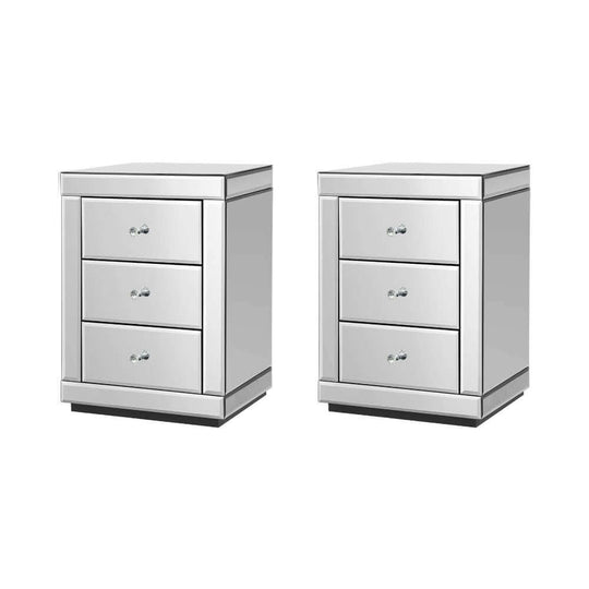 Artiss Set of 2 Bedside Table 3 Drawers Mirrored Glass - PRESIA Silver