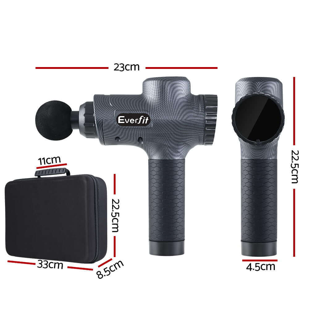 Everfit massage gun dimensions with black case, highlighting affordable, quality muscle recovery tool for DIY at home.