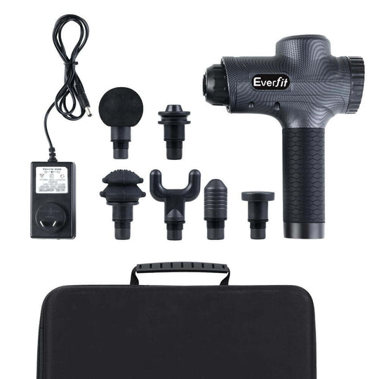 Everfit massage gun with 6 interchangeable heads and charger, ideal for affordable DIY muscle recovery.