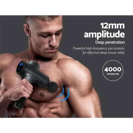 Everfit Massage Gun demonstrating 12mm amplitude for deep tissue relief, delivering 4000 strokes per minute for muscle recovery.