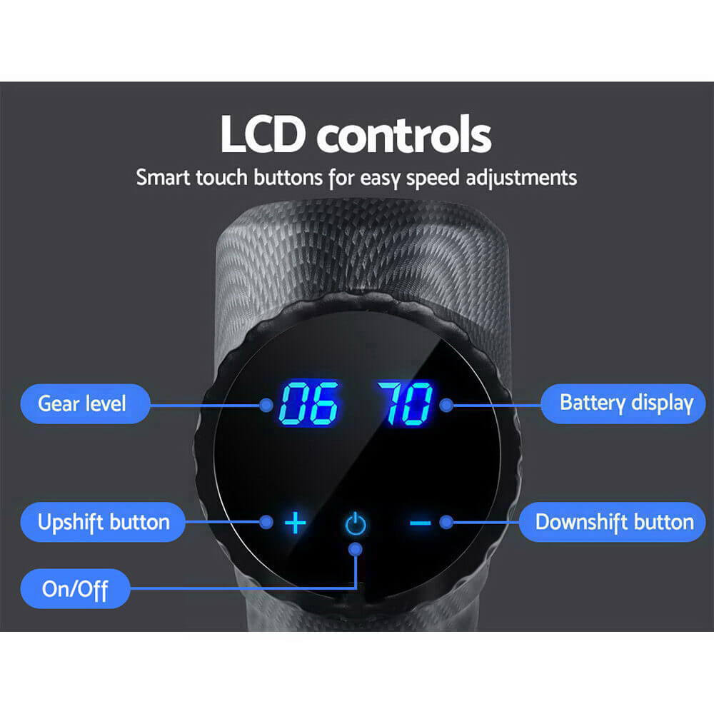 LCD controls of Everfit Massage Gun showing gear level, battery display, and adjustment buttons for easy speed customization.