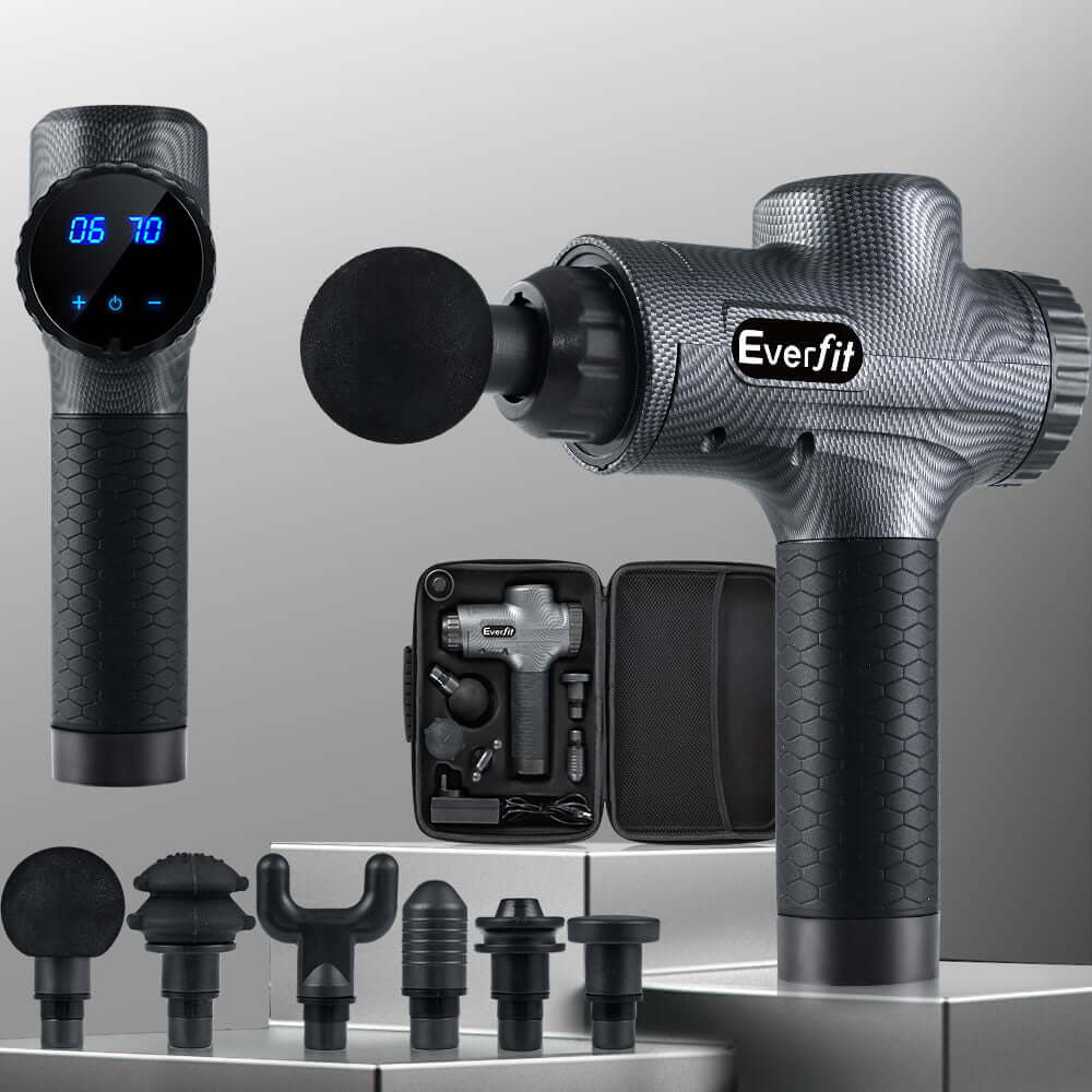 Everfit Massage Gun with 6 attachments and digital display, affordable muscle relief for DIY recovery.