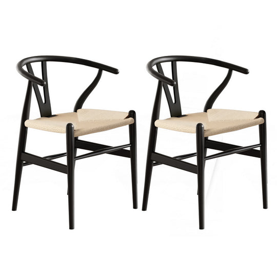 1 Set of 2 Artiss Dining Chairs Wooden Rattan Wishbone Black