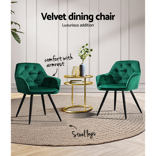 Artiss Dining Chairs Set of 2 Velvet Diamond Tufted Armchair Green